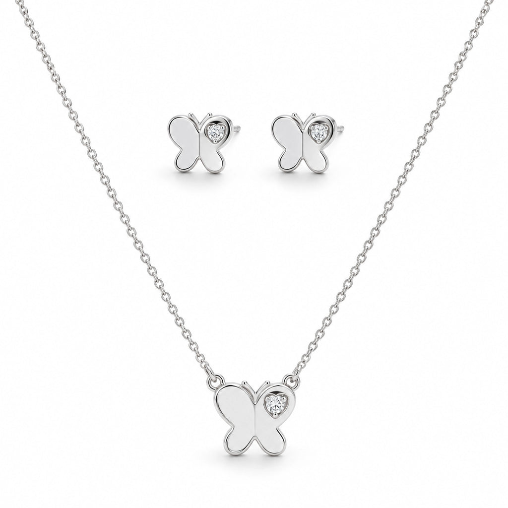 925 Sterling Silver Butterfly Heart Charm Jewelry Set | Necklace & Earring