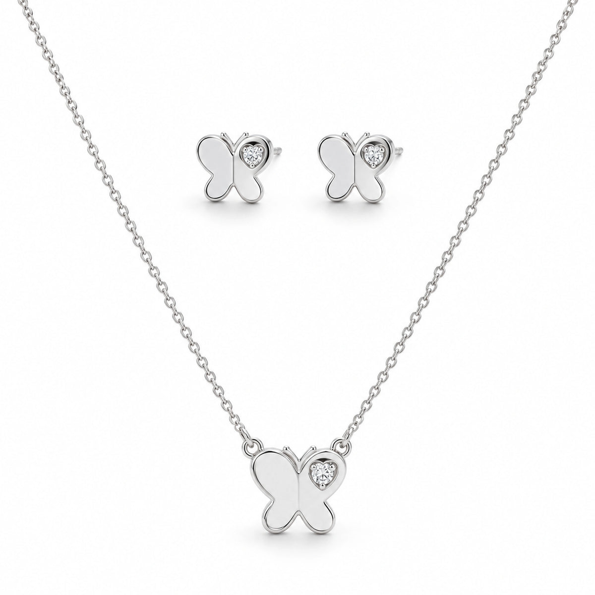 925 Sterling Silver Butterfly Heart Charm Jewelry Set | Necklace & Earring