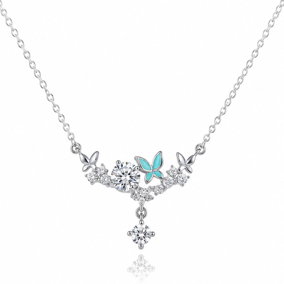 925 Sterling Silver Butterfly & CZ Cluster Necklace