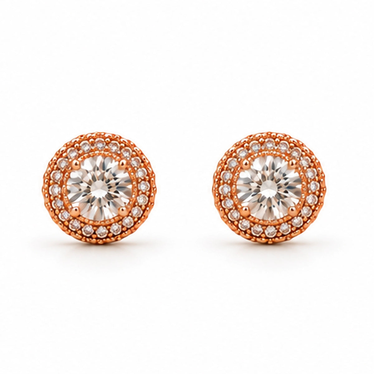 Rose Gold Halo Crystal Stud Earrings 925 Sterling Silver