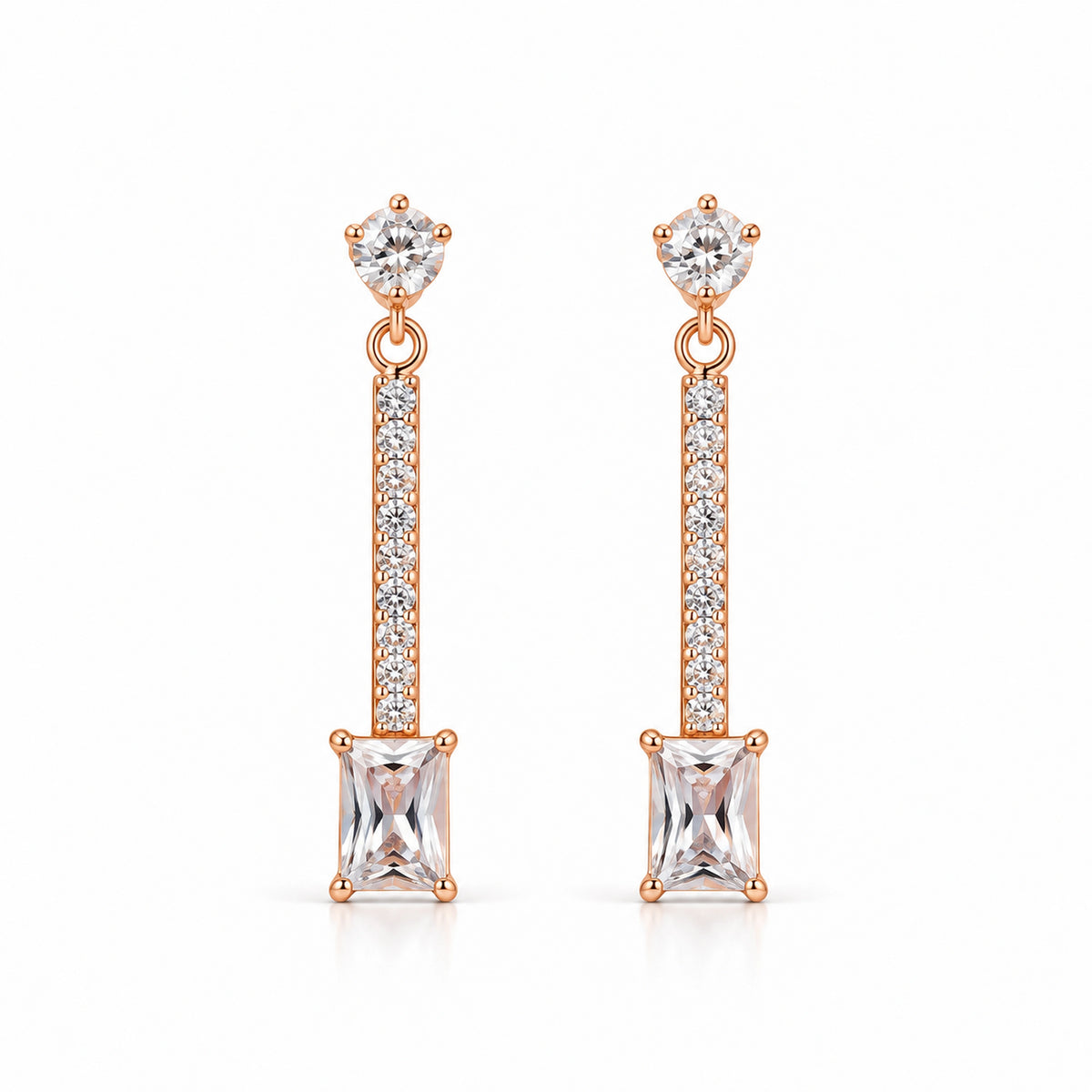 Rose Gold Long Crystal Drop Earrings 925 Sterling Silver