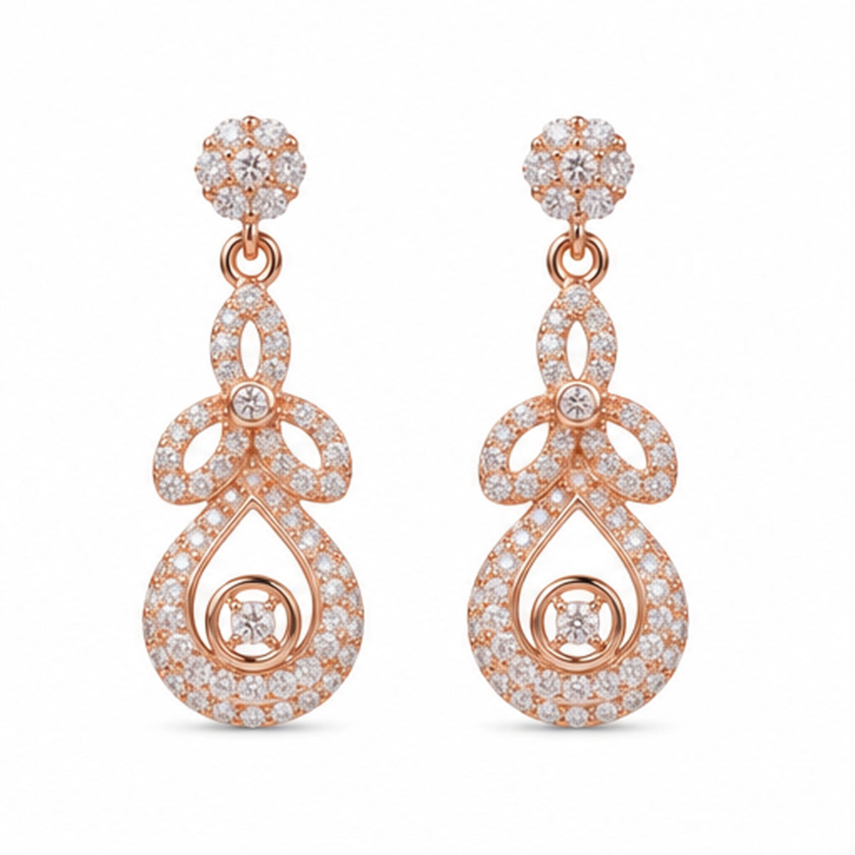 Rose Gold Floral Drop Earrings – 925 Sterling Silver Diamond Look Party Wear Earrings for Women
