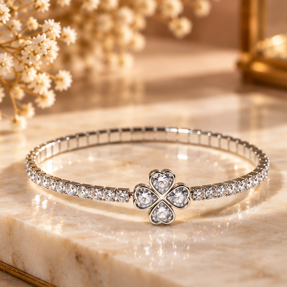 Luxe Clover Heart 925 Sterling Silver Stretch Bracelet