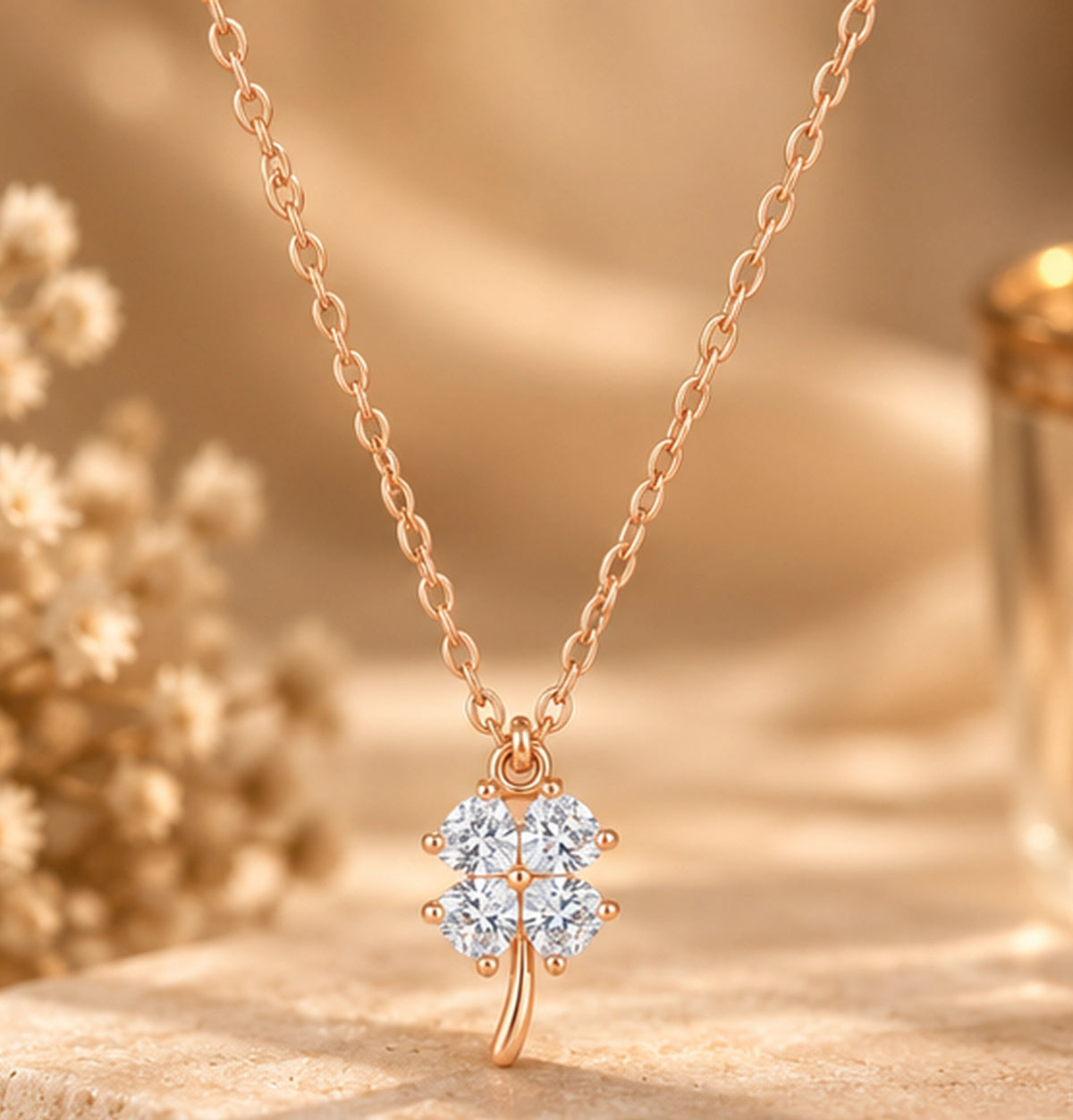 925  Rose Gold Cubic Zirconia Clover Necklace