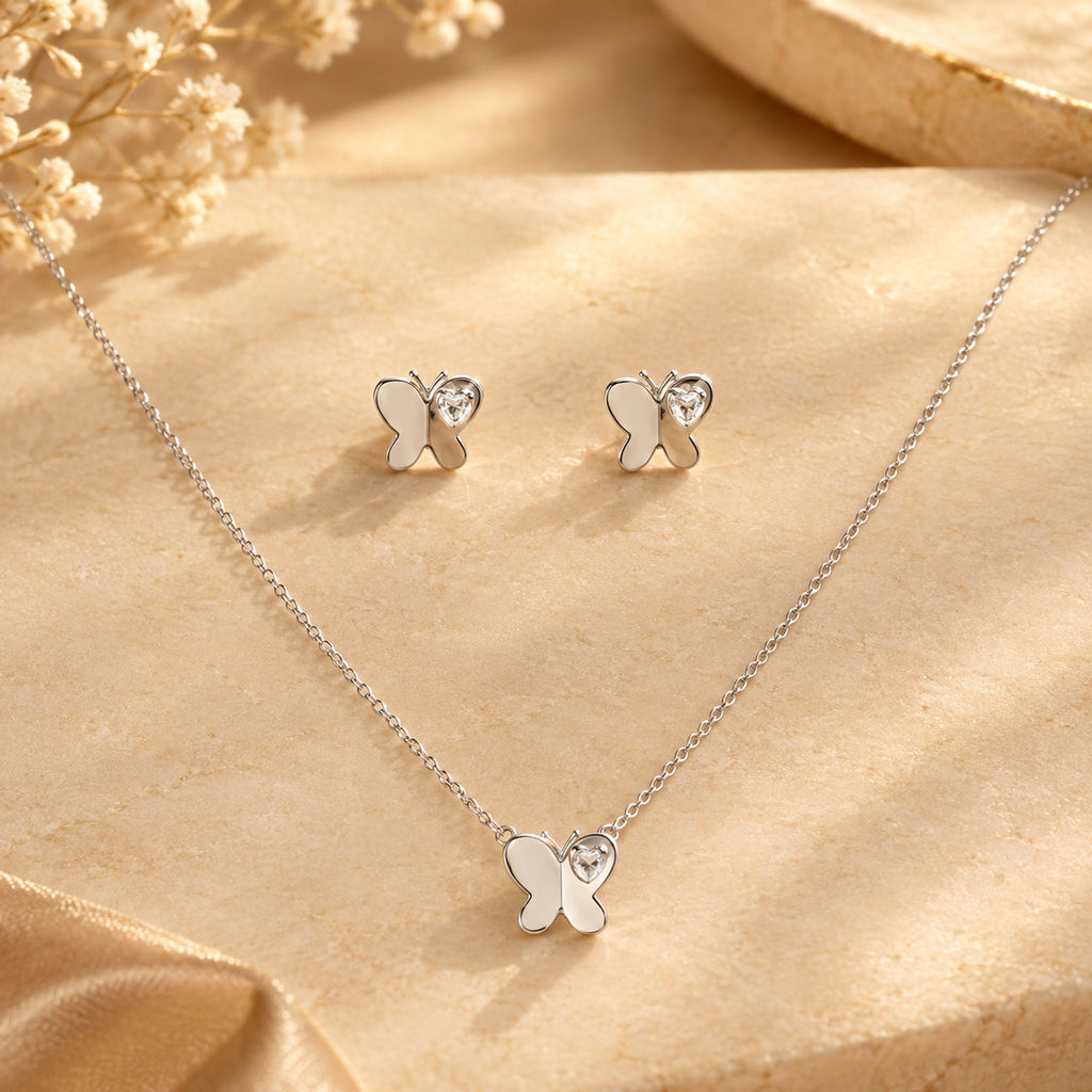 925 Sterling Silver Butterfly Heart Charm Jewelry Set | Necklace & Earring