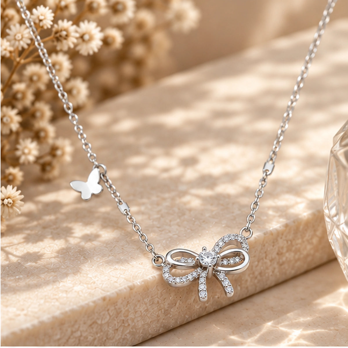 925 sterling silver bow tie and butterfly necklace