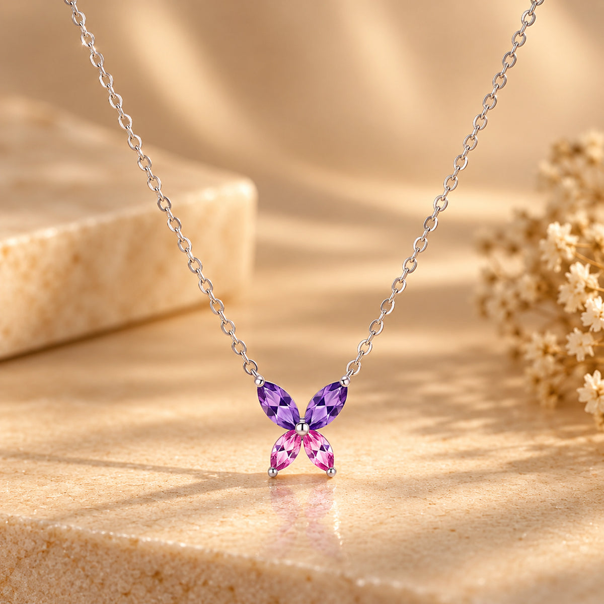 925 Sterling silver Two-Tone stone Butterfly Solitaire necklace