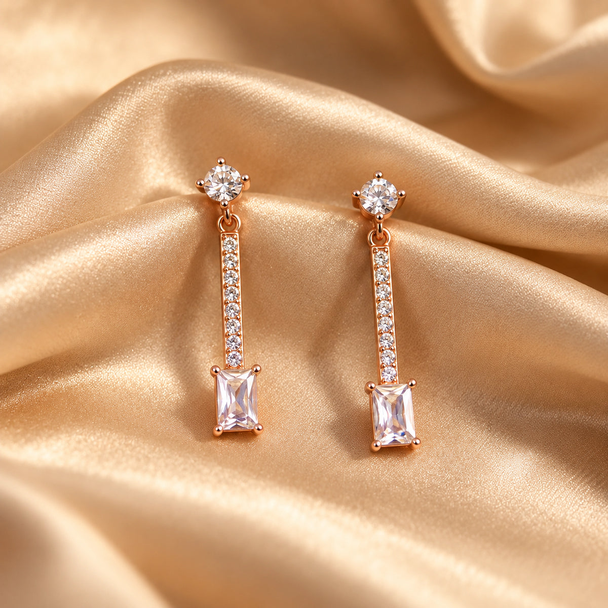 Rose Gold Long Crystal Drop Earrings 925 Sterling Silver
