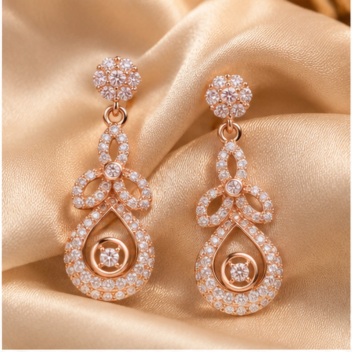 Rose Gold Floral Drop Earrings – 925 Sterling Silver Diamond Look Party Wear Earrings for Women