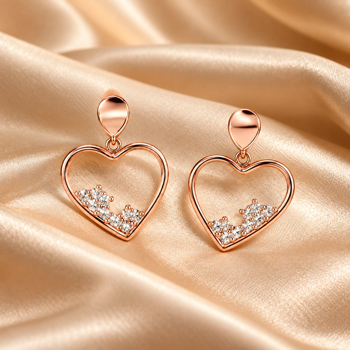 Rose Gold Heart Crystal Drop Earrings 925 Sterling Silver