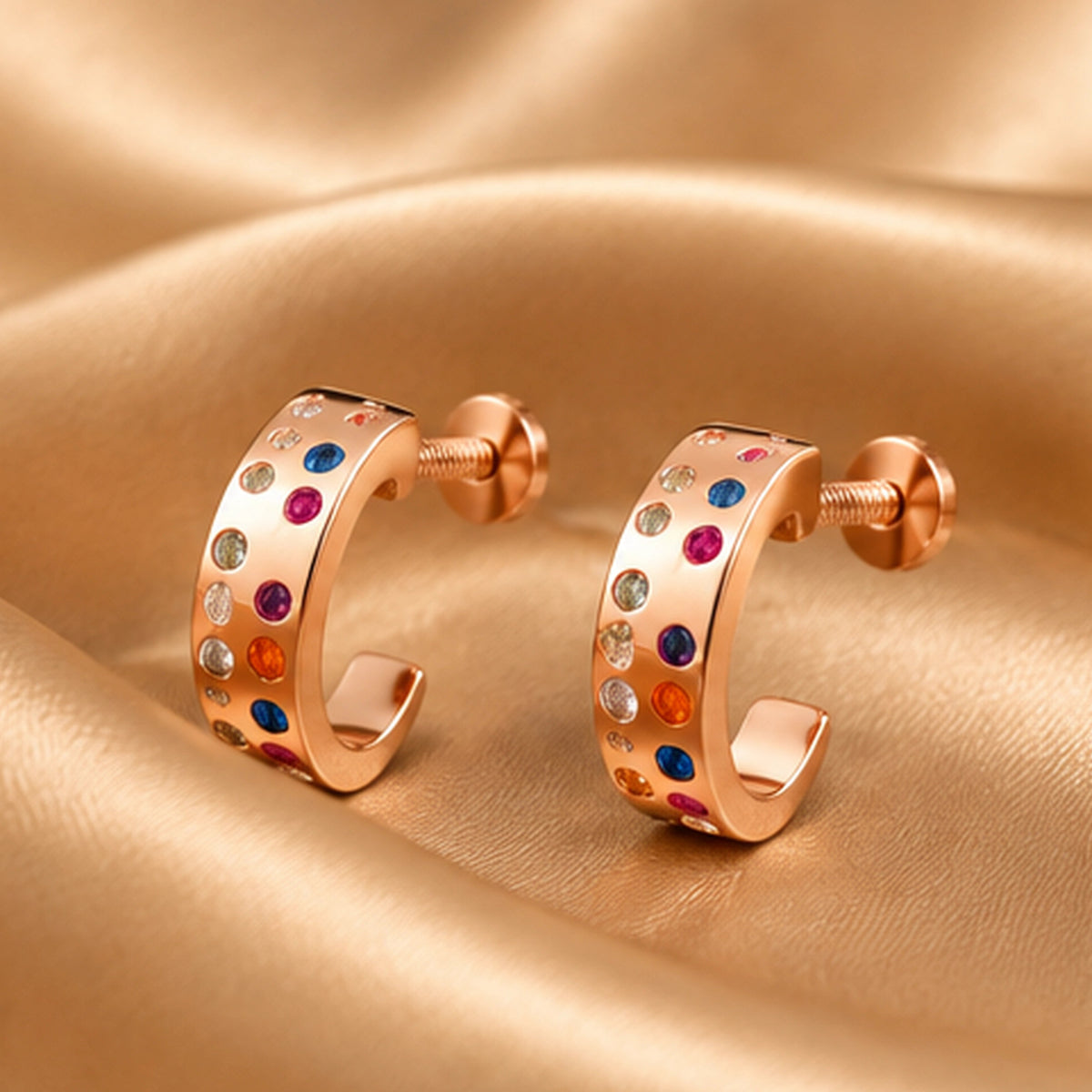 Rose Gold Multicolor Stone Huggie Hoop Earrings 925 Sterling Silver
