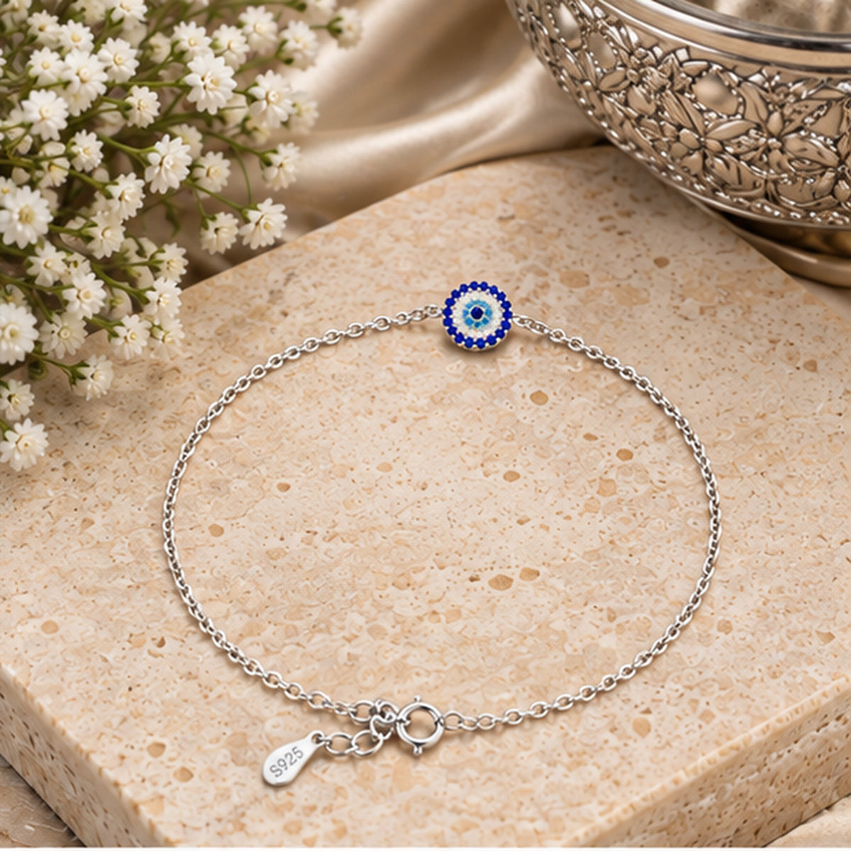 925 Sterling Silver Evil Eye Charm Bracelet