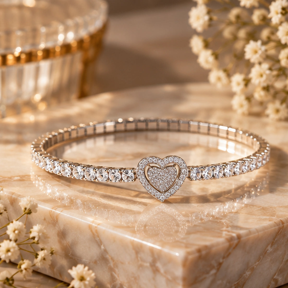 Eterna Double Heart 925 Sterling Silver Stretch Bracelet