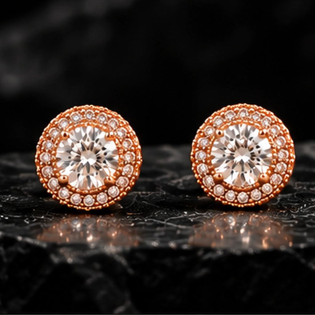 Rose Gold Halo Crystal Stud Earrings 925 Sterling Silver