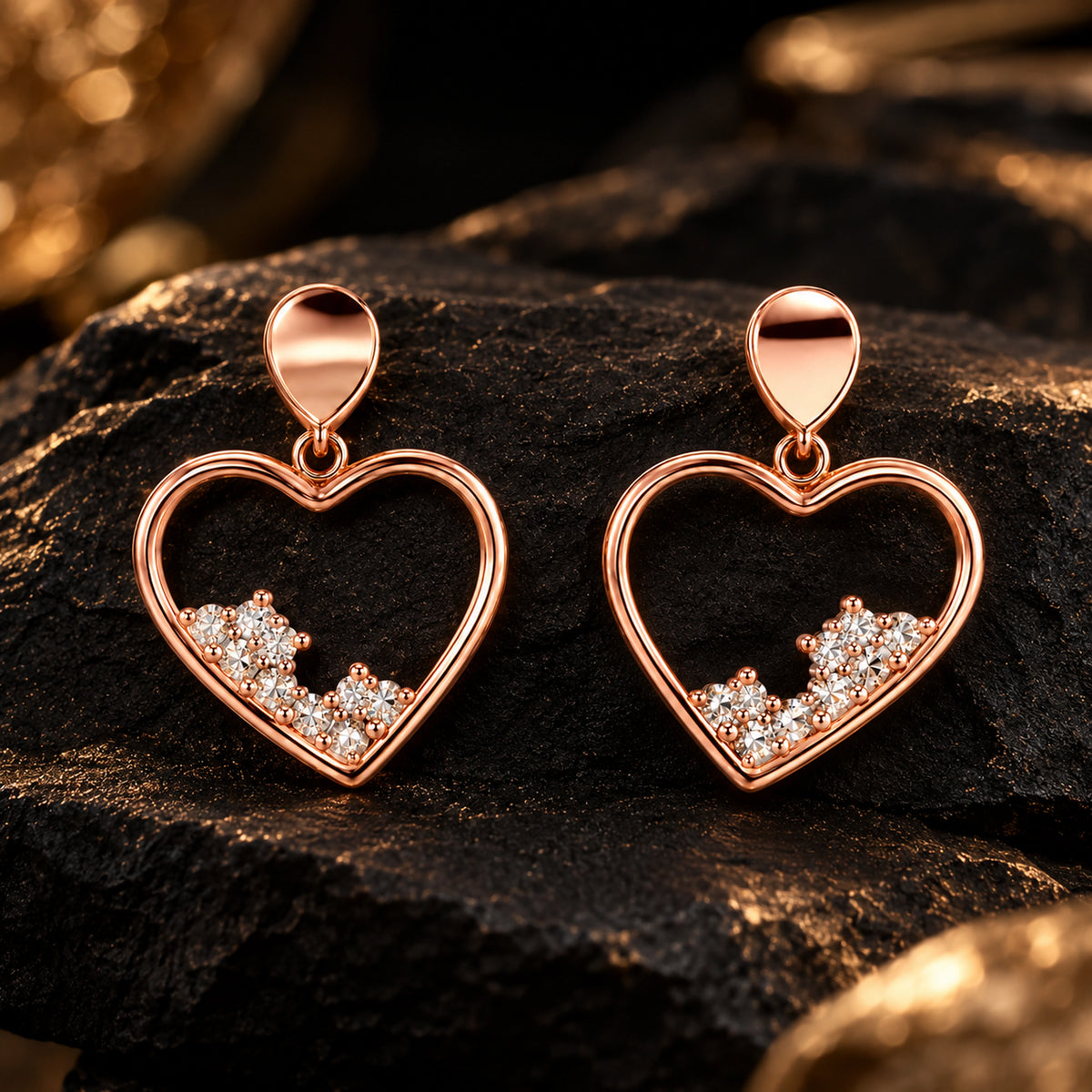 Rose Gold Heart Crystal Drop Earrings 925 Sterling Silver