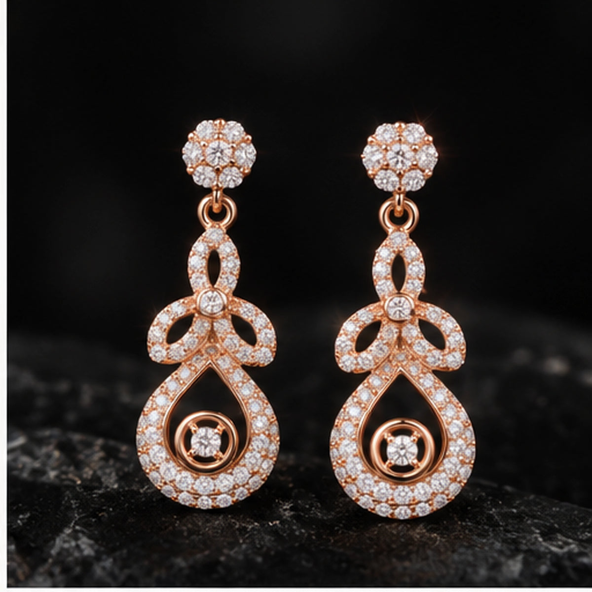 Rose Gold Floral Drop Earrings – 925 Sterling Silver Diamond Look Party Wear Earrings for Women