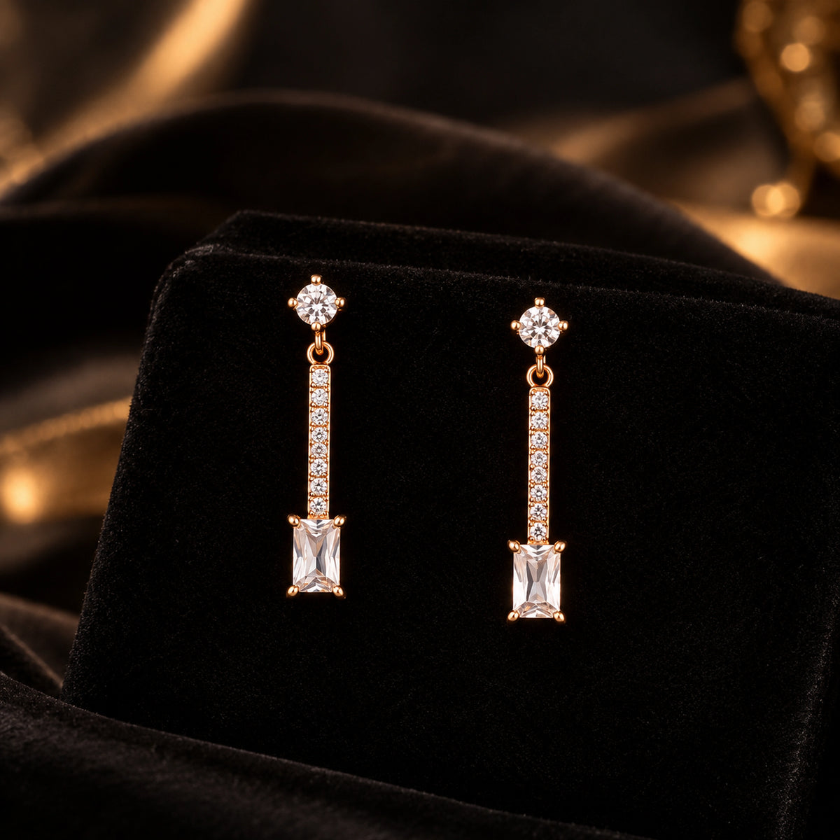 Rose Gold Long Crystal Drop Earrings 925 Sterling Silver