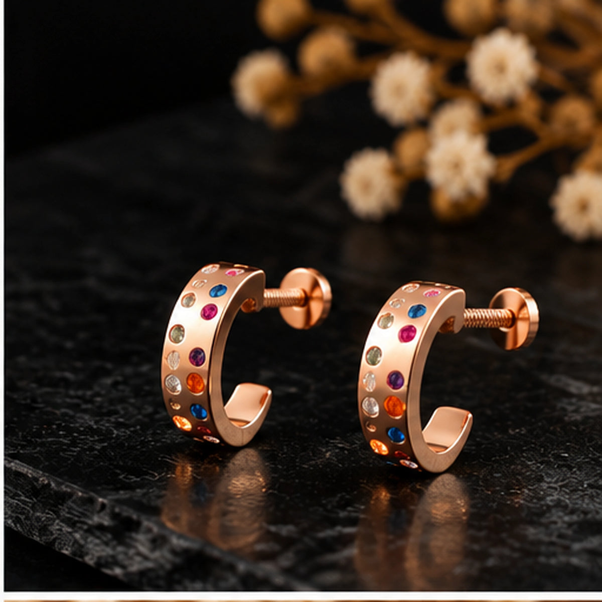 Rose Gold Multicolor Stone Huggie Hoop Earrings 925 Sterling Silver