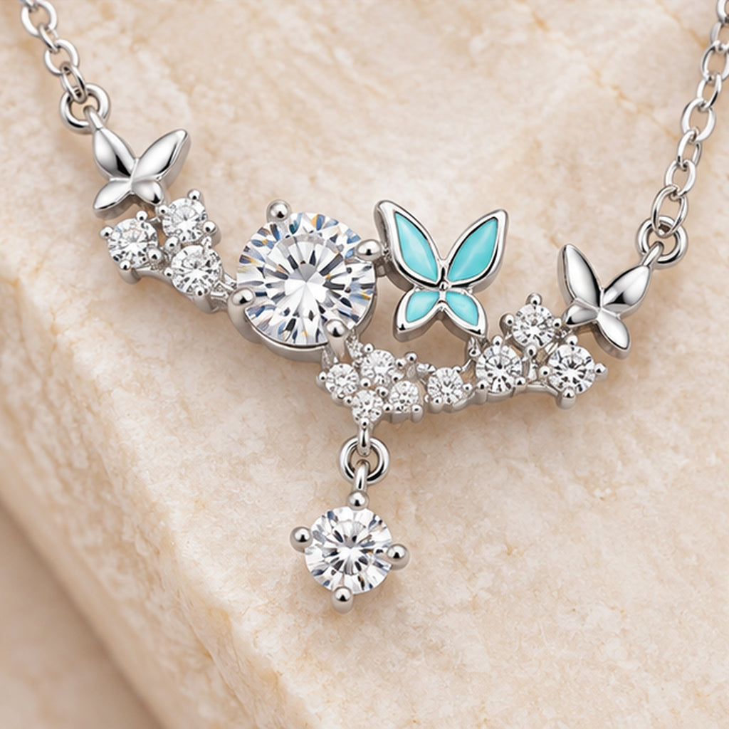 925 Sterling Silver Butterfly & CZ Cluster Necklace