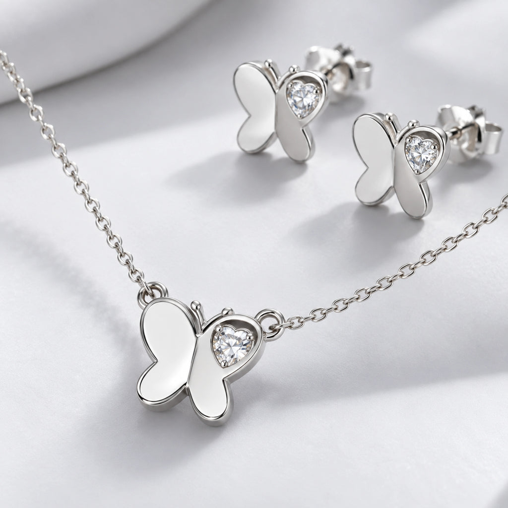 925 Sterling Silver Butterfly Heart Charm Jewelry Set | Necklace & Earring