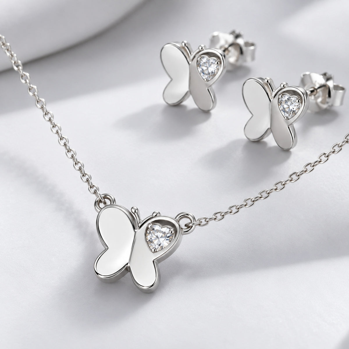 925 Sterling Silver Butterfly Heart Charm Jewelry Set | Necklace & Earring