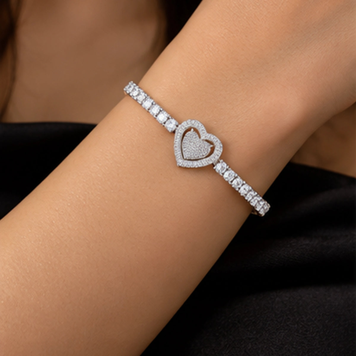 Eterna Double Heart 925 Sterling Silver Stretch Bracelet