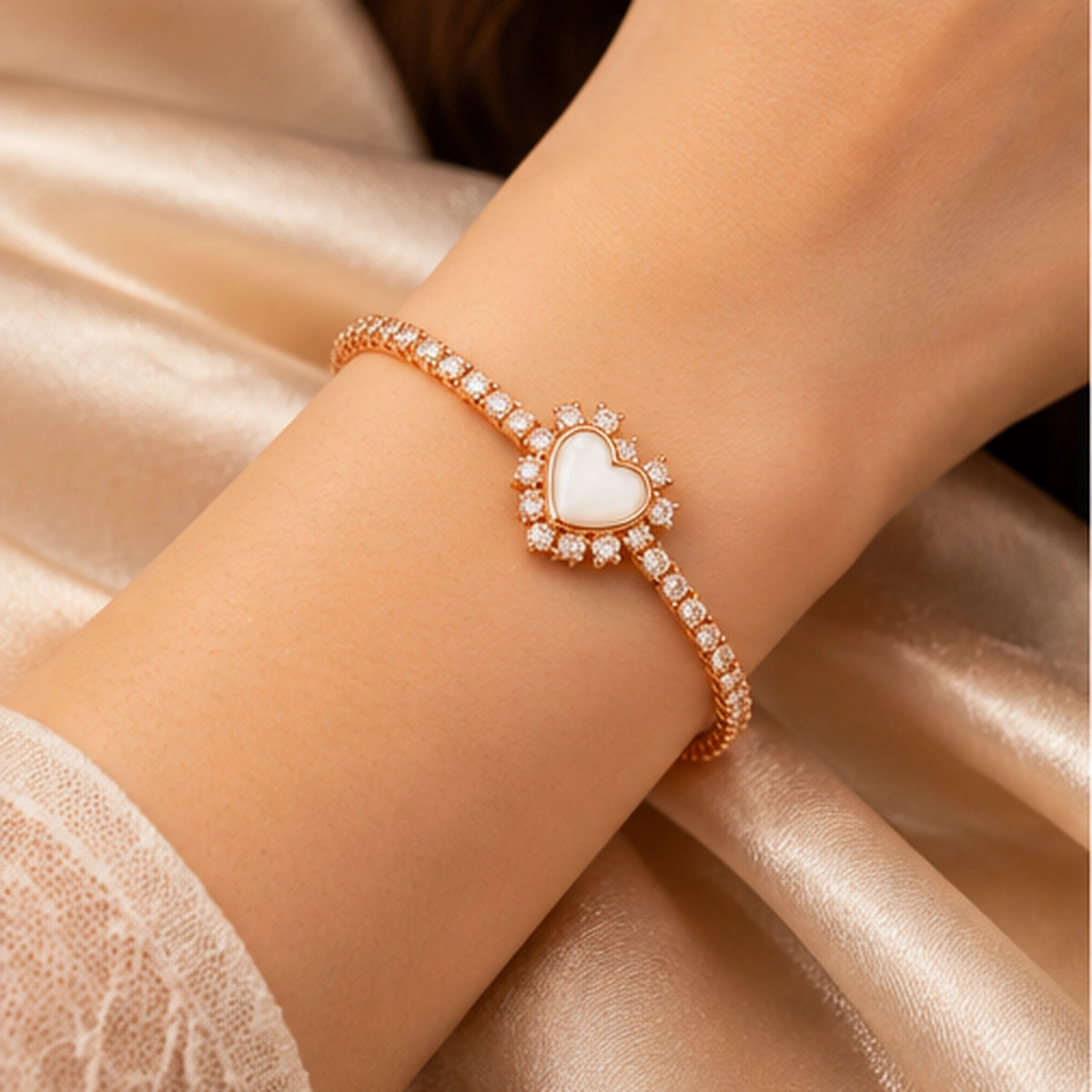 Celeste Halo Heart Rose Gold Tennis Bracelet | 925 Silver