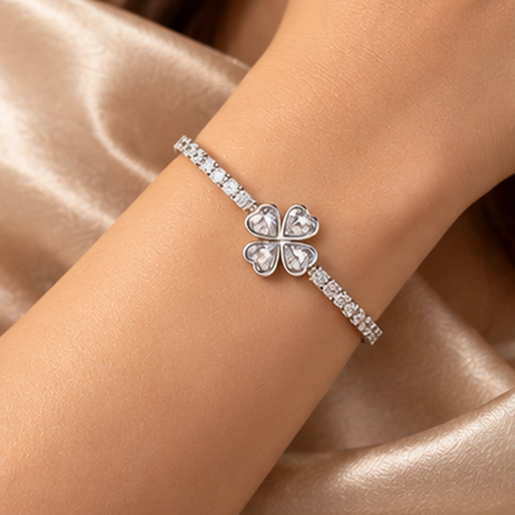 Luxe Clover Heart 925 Sterling Silver Stretch Bracelet