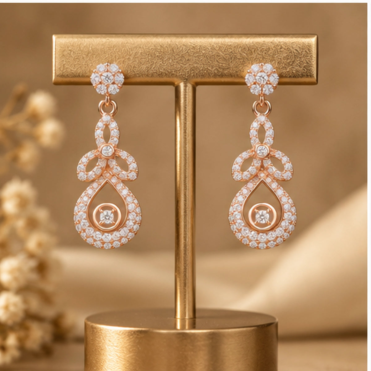 Rose Gold Floral Drop Earrings – 925 Sterling Silver Diamond Look Party Wear Earrings for Women