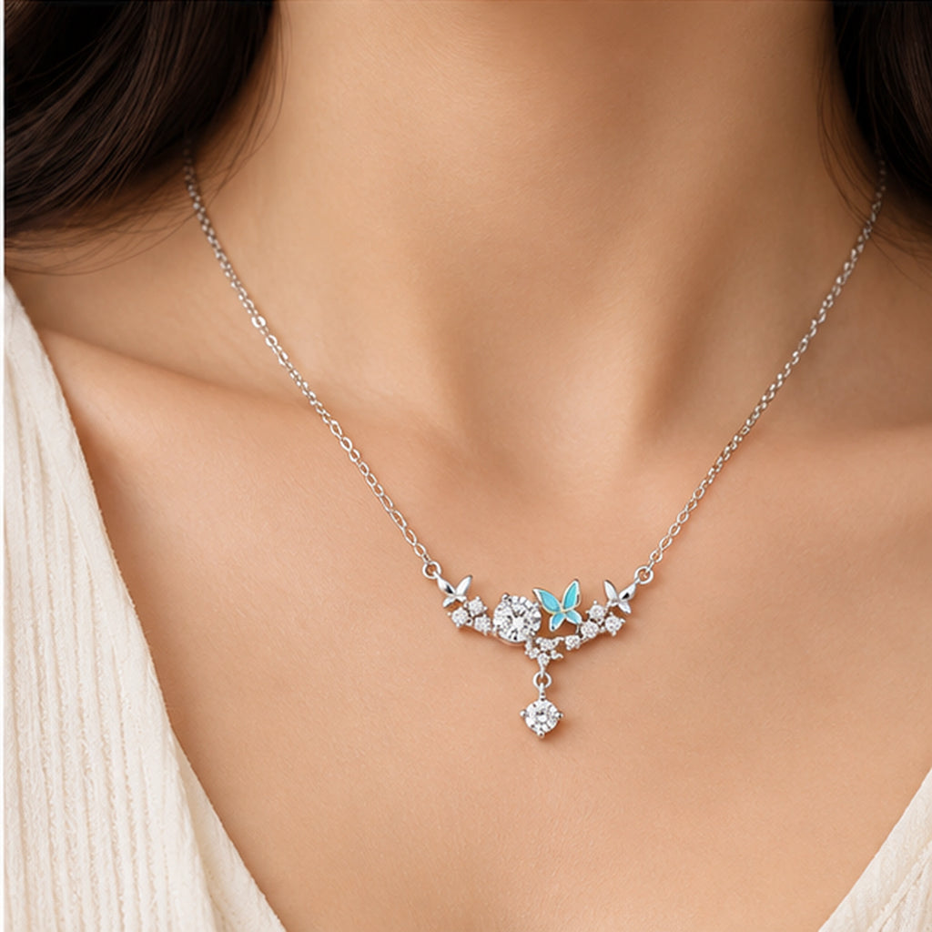 925 Sterling Silver Butterfly & CZ Cluster Necklace