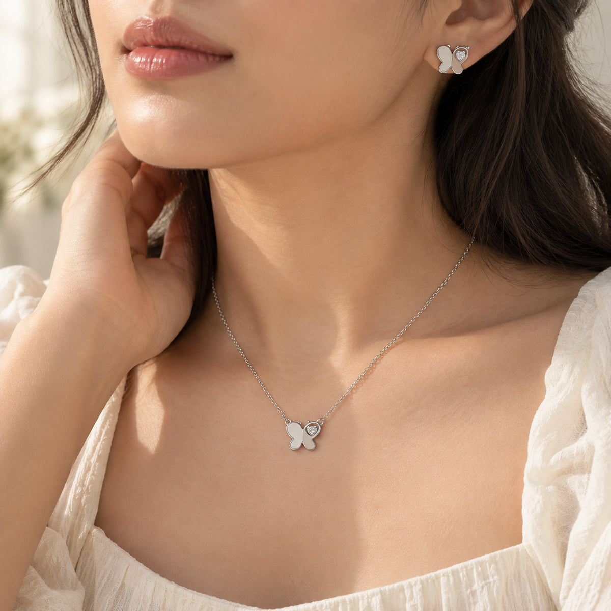 925 Sterling Silver Butterfly Heart Charm Jewelry Set | Necklace & Earring