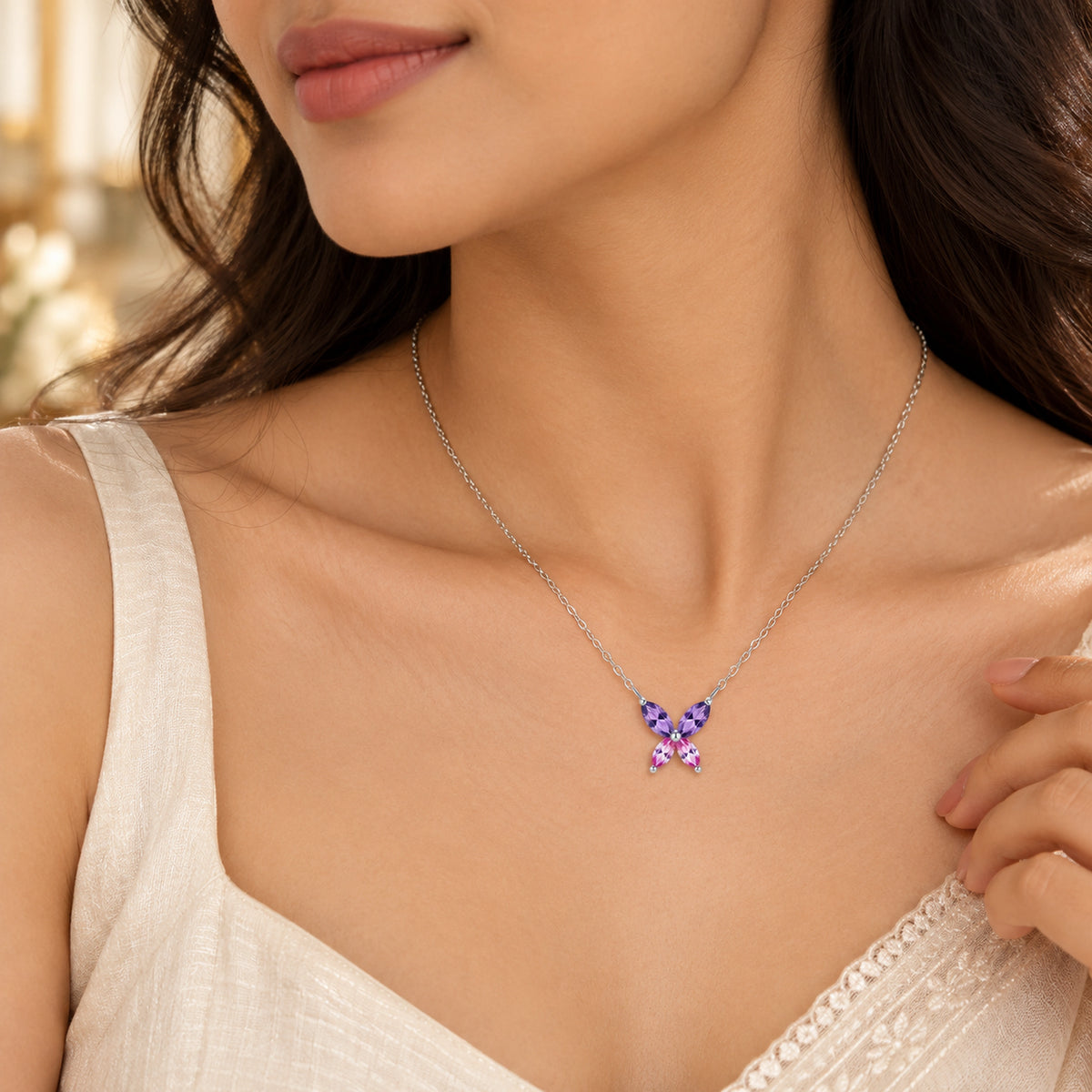 925 Sterling silver Two-Tone stone Butterfly Solitaire necklace