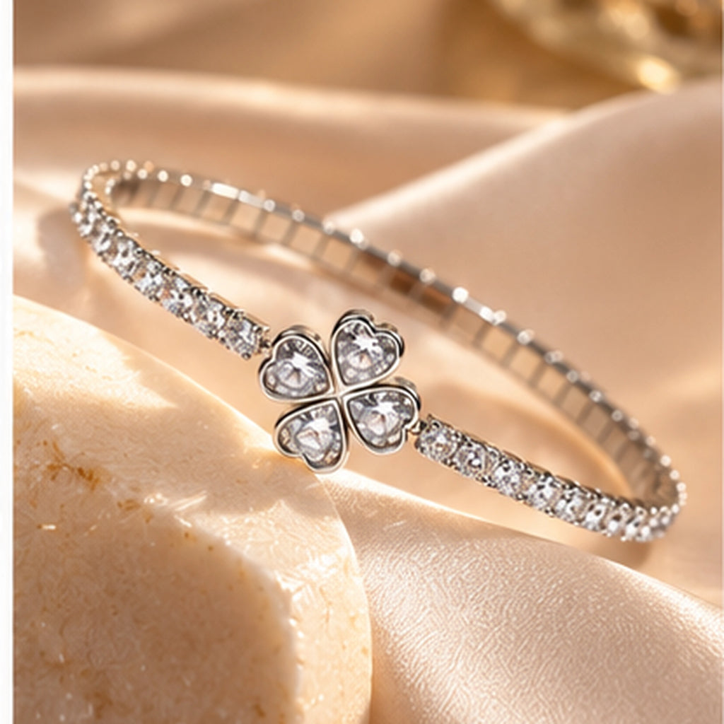 Luxe Clover Heart 925 Sterling Silver Stretch Bracelet