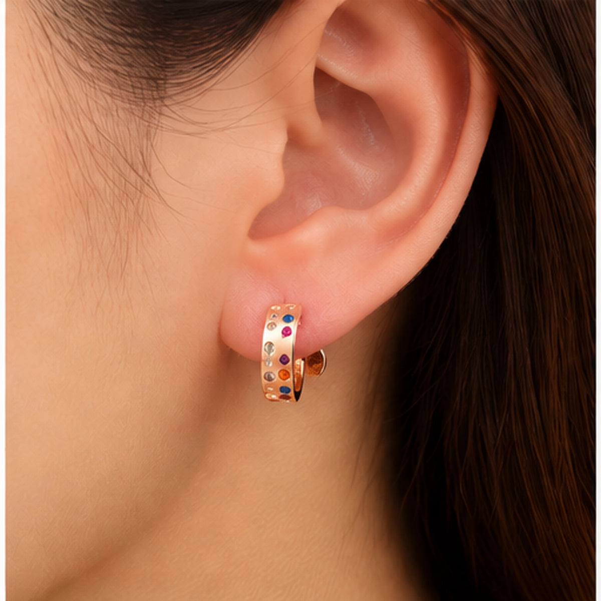 Rose Gold Multicolor Stone Huggie Hoop Earrings 925 Sterling Silver