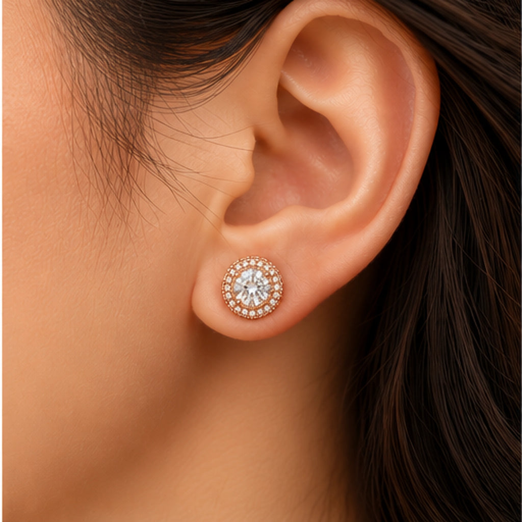 Rose Gold Halo Crystal Stud Earrings 925 Sterling Silver