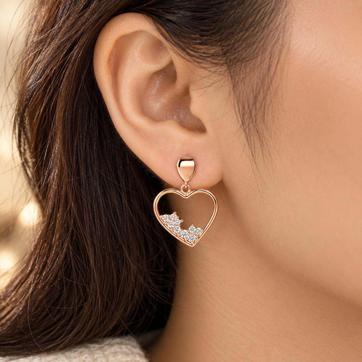 Rose Gold Heart Crystal Drop Earrings 925 Sterling Silver