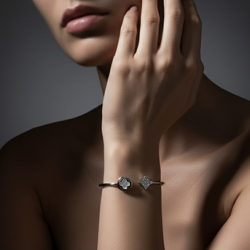 925 Silver Clover & Sparkle Kada for Women | Adjustable Sterling Silver Bracelet