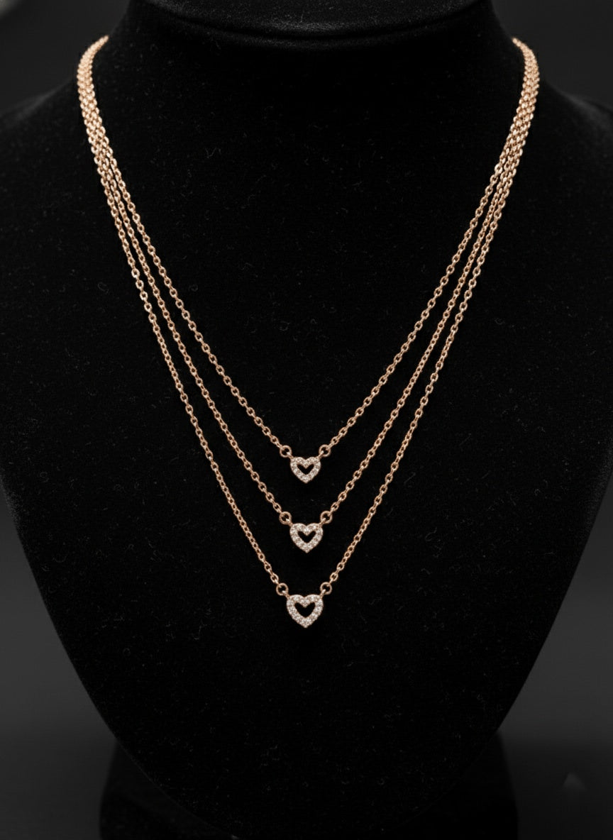 Triple Layer Rose Gold Open Heart Necklace - 925 Sterling Silver