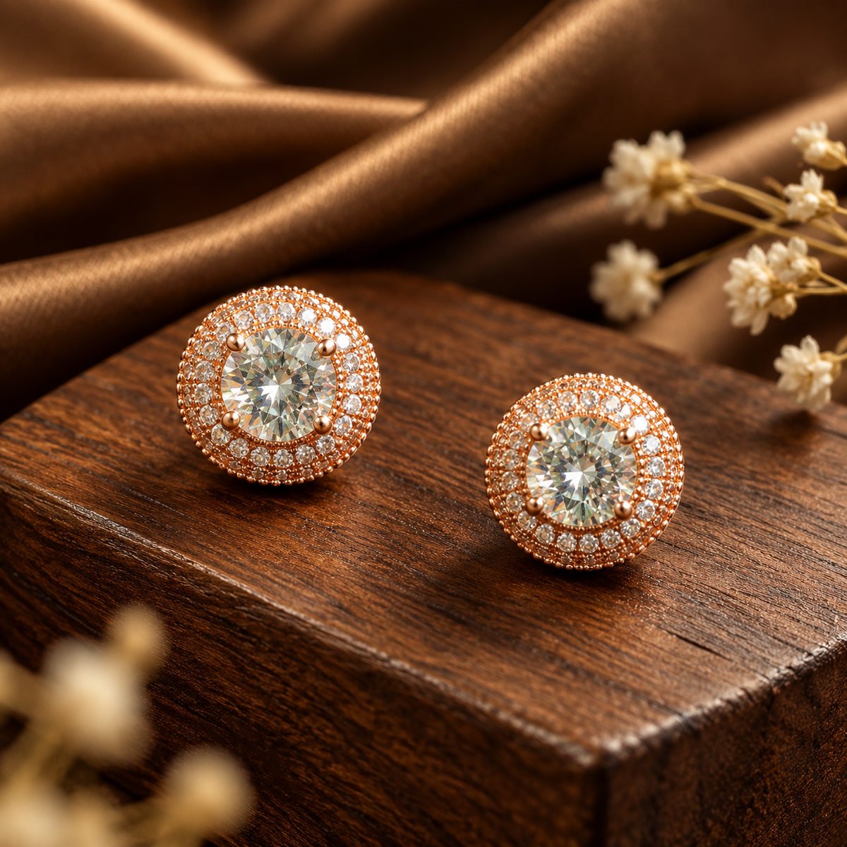 Rose Gold Halo Crystal Stud Earrings 925 Sterling Silver