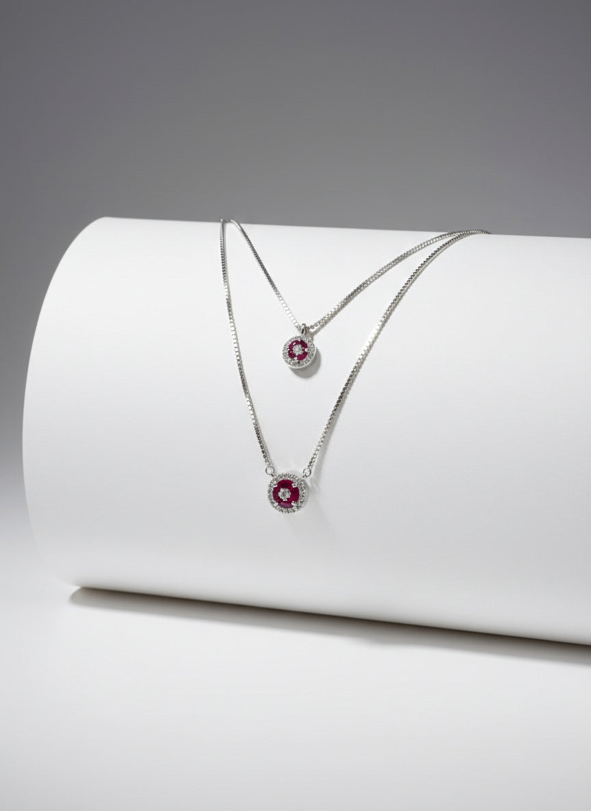 Double Layer Red Halo Necklace - 925 Sterling Silver