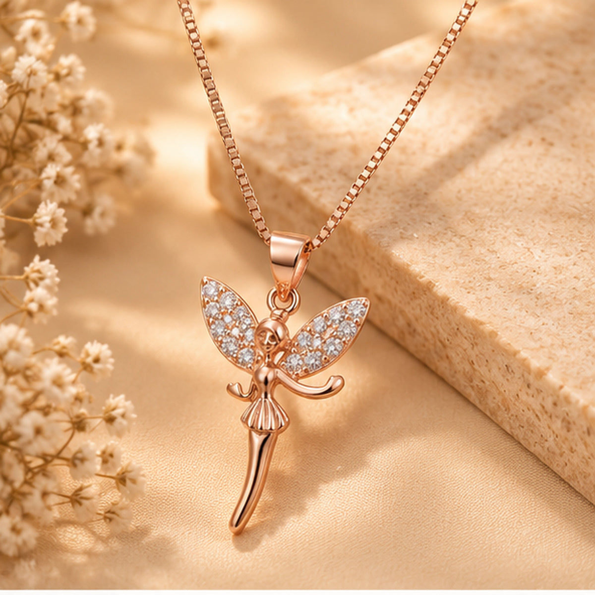 Rose Gold Butterfly Fairy Pendant Necklace 925 Sterling Silver