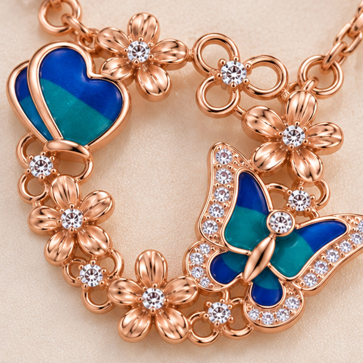 Colorful Heart Butterfly Charm Rose Gold Pendant Necklace 925 Sterling Silver