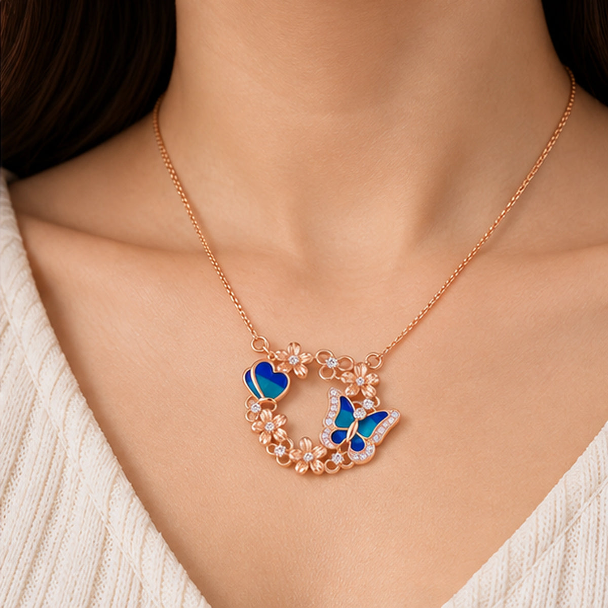 Colorful Heart Butterfly Charm Rose Gold Pendant Necklace 925 Sterling Silver