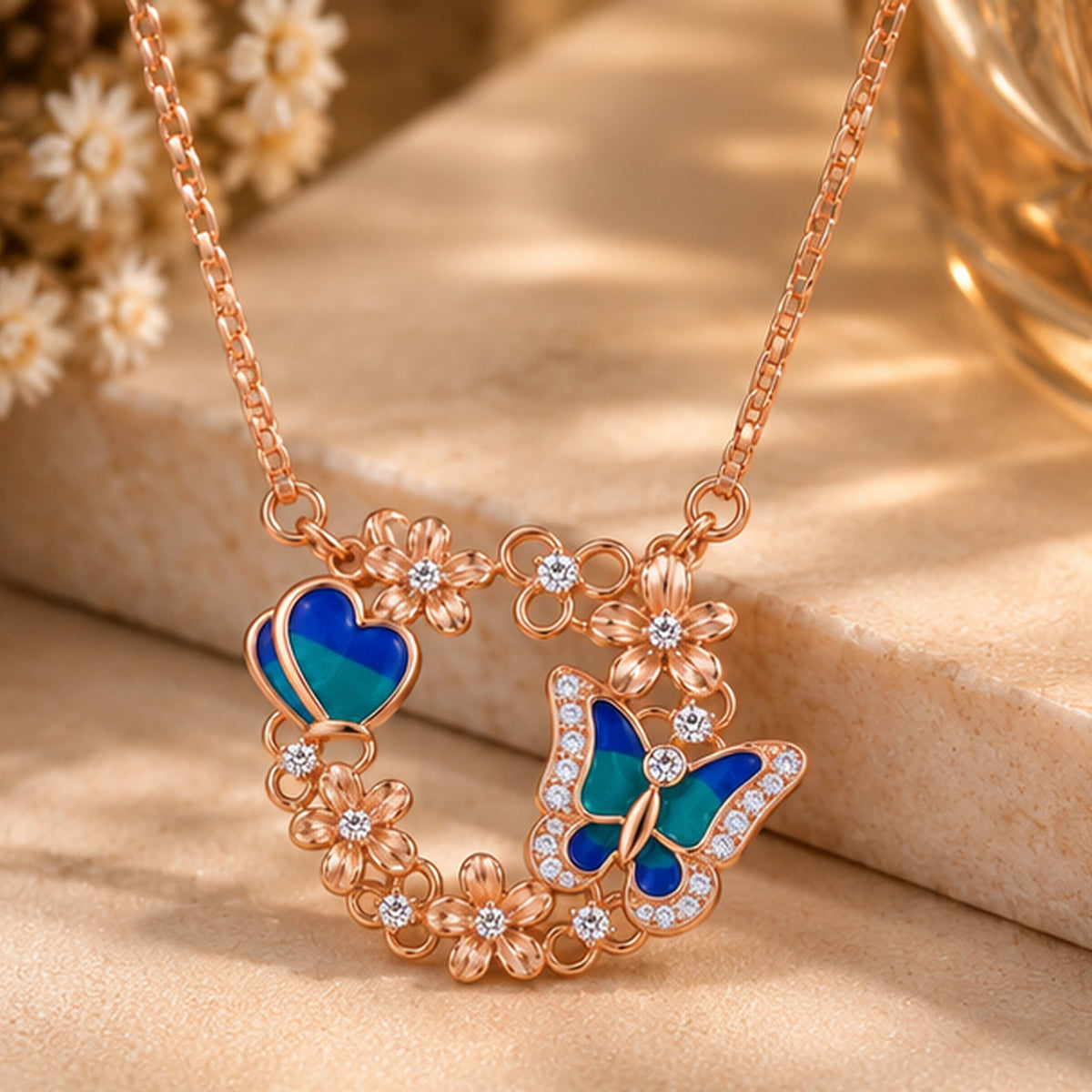 Colorful Heart Butterfly Charm Rose Gold Pendant Necklace 925 Sterling Silver
