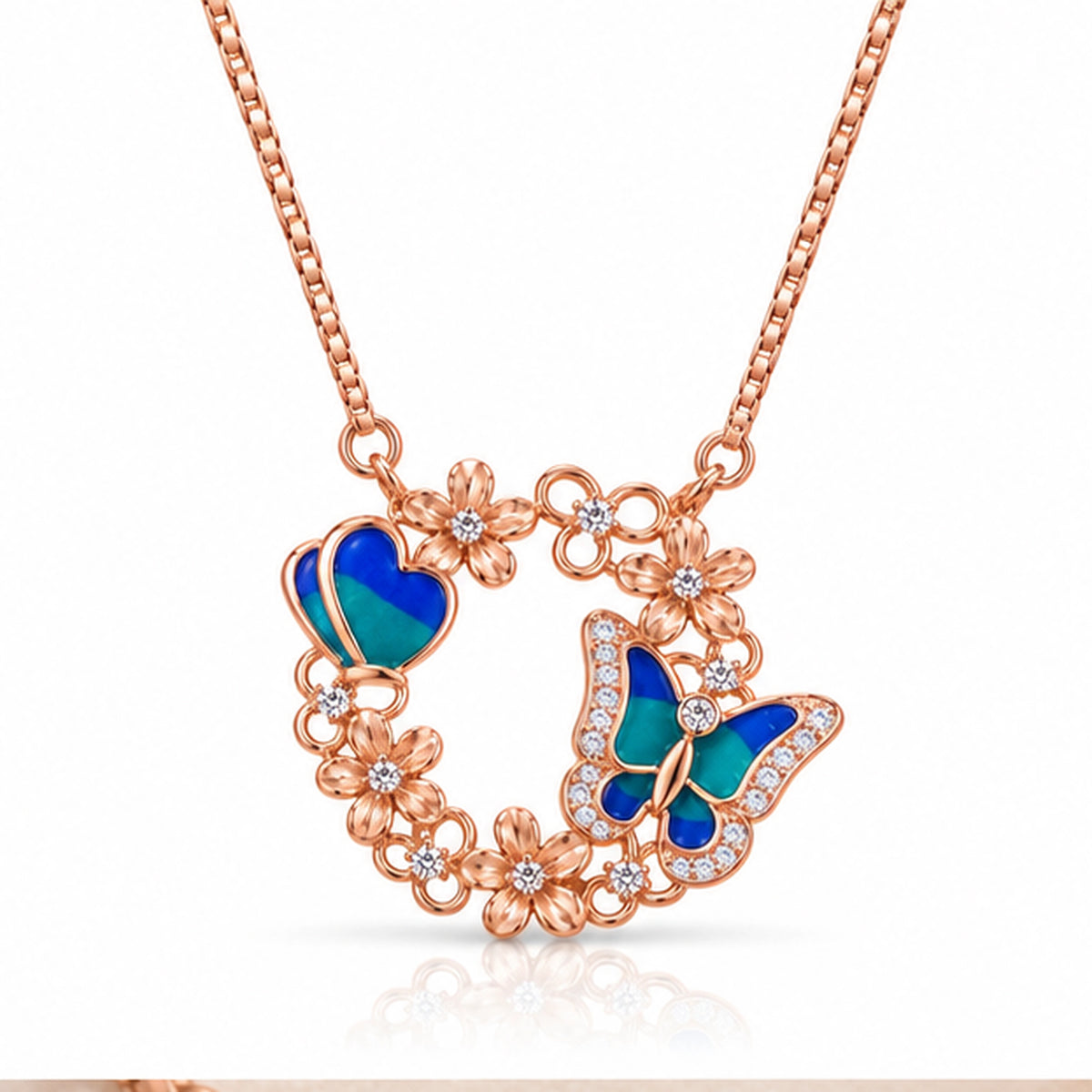 Colorful Heart Butterfly Charm Rose Gold Pendant Necklace 925 Sterling Silver