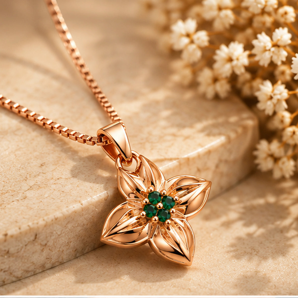 Rose Gold Emerald Clover Pendant Necklace 925 Sterling Silver