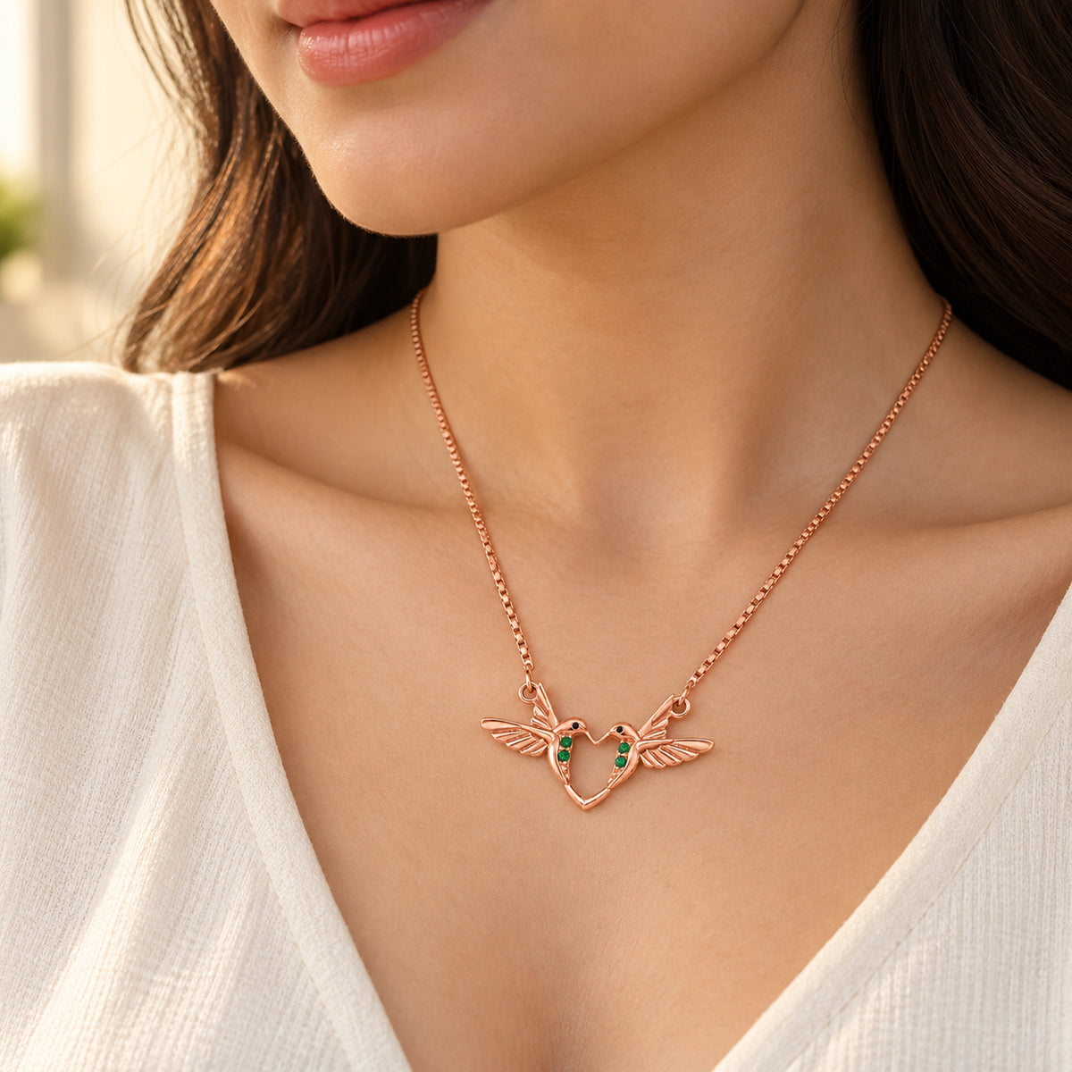Rose Gold Emerald Heart Bird Pendant Necklace