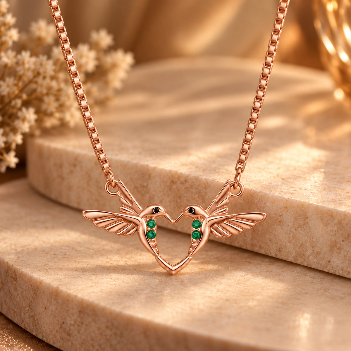 Rose Gold Emerald Heart Bird Pendant Necklace