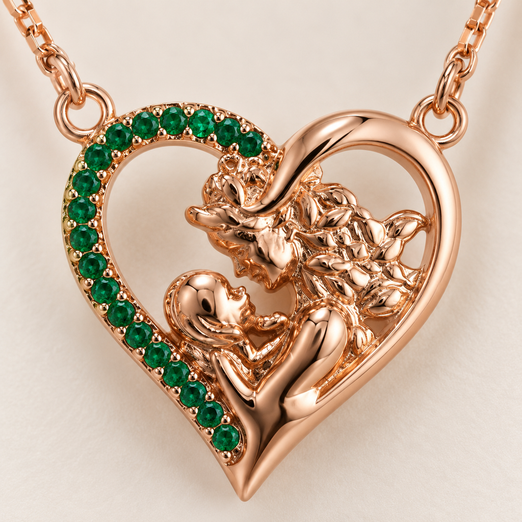 Rose gold Emerald Heart Ribbon Pendant Necklace 925 Sterling Silver