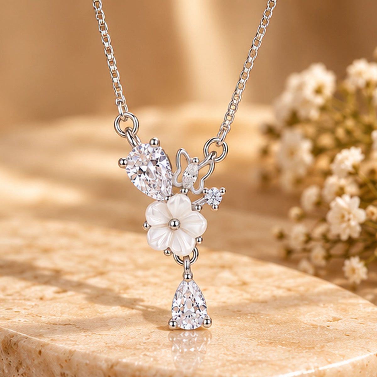 Floral Cascade Pendant Necklace 925 Sterling Silver